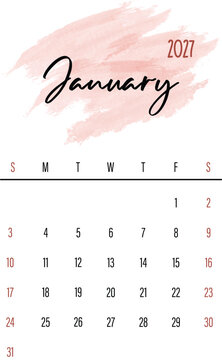 January 2027 Monthly Calendar design with Watercolor Splash