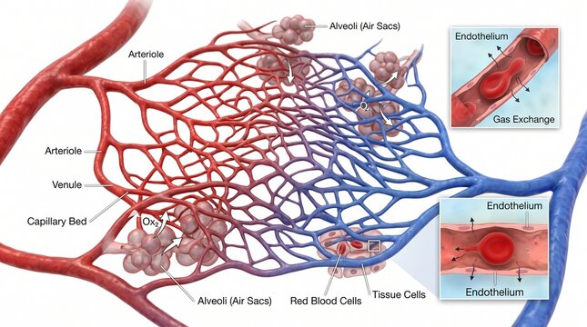 Microscopic View of Human Capillary Network and Alveoli Illustrating Blood Gas Exchange