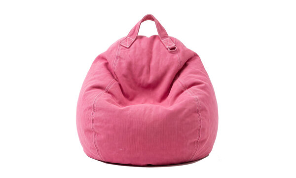 Cozy pink fabric bean bag chair with handle isolated on transparent background.