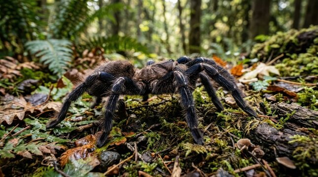 Sleek Black and Brown Tarantula Spider in Natural Forest Habitat with Lush Green Moss and Fallen Leaves