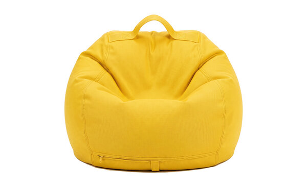 Bright yellow bean bag chair with fabric handle isolated on transparent background.