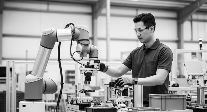 Focused engineer collaborates with robotic arm in advanced manufacturing facility, showcasing technological integration and precision assembly.
