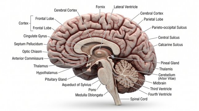 Anatomical 3D render of human brain cross section showing internal structures and labeled parts on a clean white background