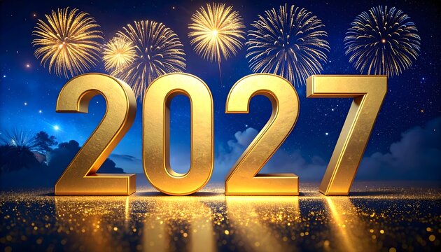 N&uacute;mero 2027 dorado con fuegos artificiales y reflejos festivos