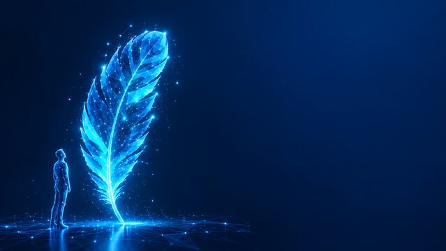 Ethereal glowing feather floating near a silhouette person in the dark. indigenous peoples' day with luminous silhouette ethereal light abstract feather. indigenous peoples' day