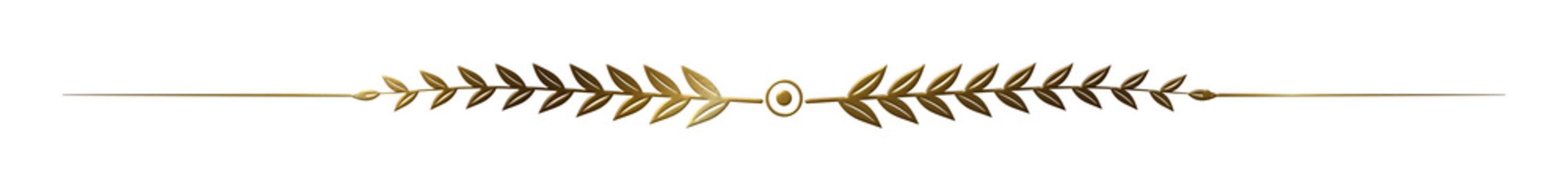 Antique gold laurel branch text divider with medallion on transparent background