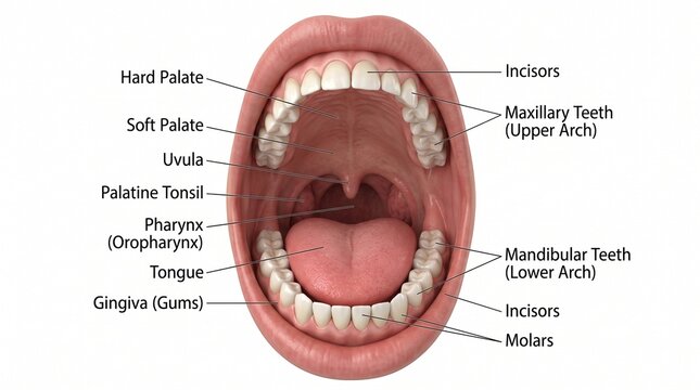 Human Oral Cavity Anatomy Showing Teeth, Tongue, and Palate Structure