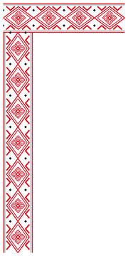 Bold red geometric ornaments create an L-shaped corner border on white, leaving generous open space for text in modern folk stationery, certificates, posters, and invitations.