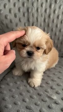 Adorable Shih Tzu puppy enjoying loving pets on its chin and head from a gentle human hand during indoor video footage