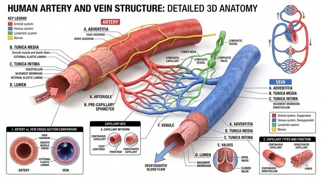 Detailed Human Circulatory System with Arteries, Veins, and Capillaries