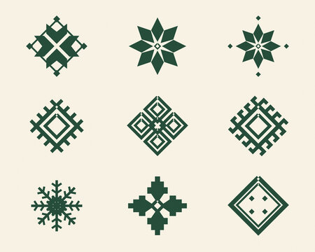 Forest green folk symbols, stars, diamonds, and snowflake forms are arranged on a soft cream field, providing a calm handcrafted graphic collection for seasonal and cultural design.