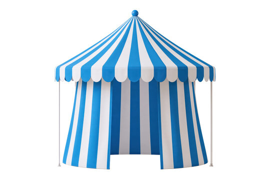 Blue white striped circus tent isolated on white background with clipping path for festive event decoration and outdoor entertainment