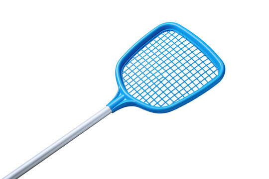 Badminton racket isolated on white background with clipping path showing blue frame and white handle for sport equipment