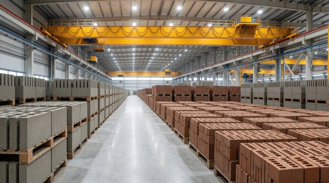 Large factory warehouse stores stacks of aerated concrete AAC blocks, red fly ash bricks on wooden pallets. Massive yellow overhead gantry cranes hang from ceiling. Industrial production line