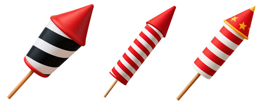 Red striped party popper, red hat, and wooden stick isolated on white background with clipping path