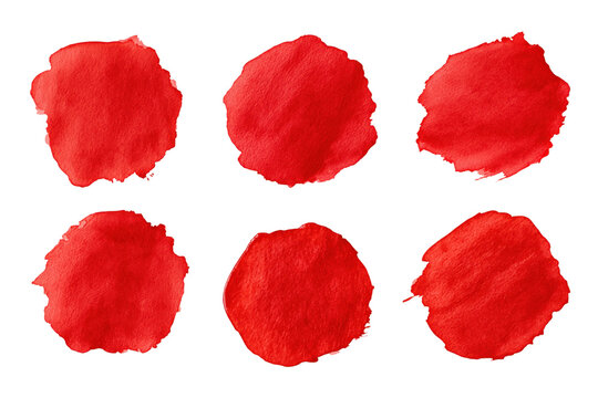 Red watercolor paint brushstroke isolated on white background with clipping path showing six abstract circular swatches and textured edges