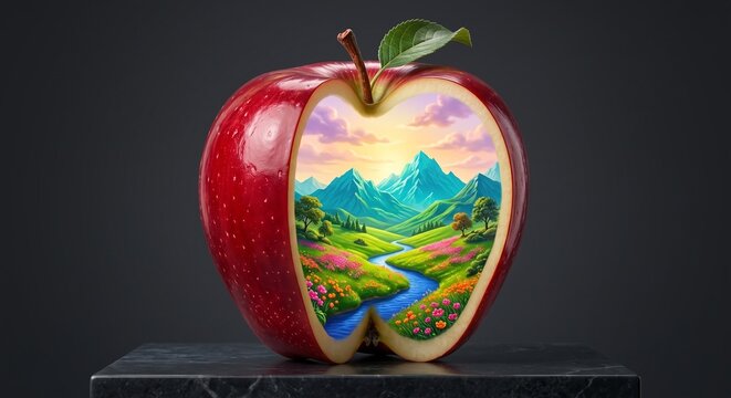 Premium conceptual still-life photography of a sliced red apple revealing a vibrant miniature mountain landscape and river inside