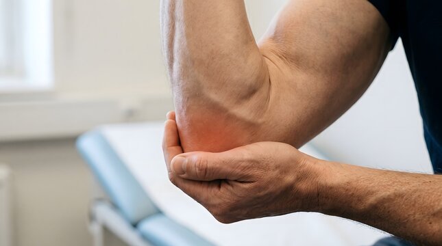 A person holding their elbow experiencing joint pain in a medical setting.