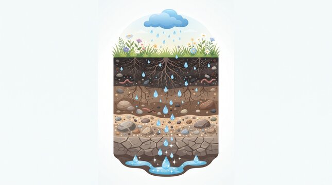 Cross section of soil layers showing water cycle and plant roots with grass