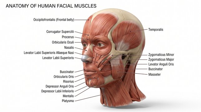 Human facial muscles anatomy three quarter view 3D render with scientific labels on white background for biology