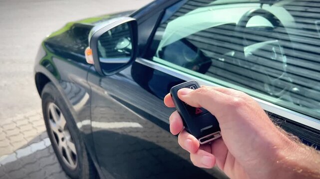 Close-up of a hand pressing the lock button on a remote key fob next to a black car door. Ideal for automotive security systems, car insurance, and vehicle safety media.