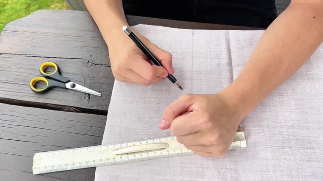 Overhead view of hands using a ruler and pencil to draw a straight line on light fabric at a wooden table. Ideal for sewing tutorials, tailor guides, and crafting media.