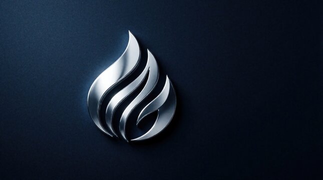 Silver flame logo on dark blue background. Sleek metallic fire icon with modern curves shows energy, motion. Minimalist emblem for tech company creative brand identity. Abstract liquid metal shape