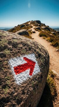 Red arrow painted on large rock shows hiking trail direction. Narrow dirt path winds up mountain ridge toward rocky summit under blue sky. Waymarker guides travelers during outdoor adventure trek in