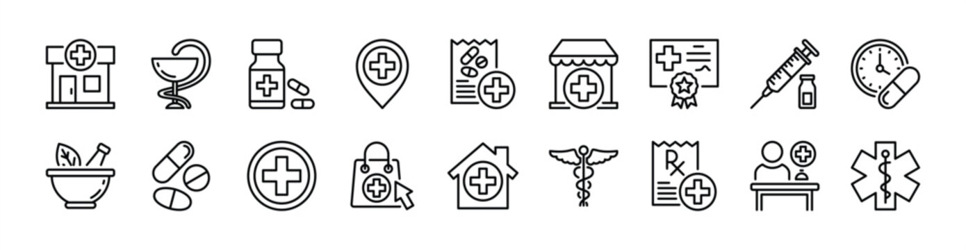 Pharmacy thin line icon set. Contains clinic, medicine, map pin location, medical prescription, pill, certification, syringe, herb, store, clock, caduceus snake, receptionist. Vector illustration