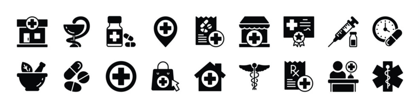 Pharmacy icon vector set. Contains medicine, medical prescription, clinic, map pin location, pill, certification, syringe, herb, store, clock, caduceus snake, receptionist. Illustration