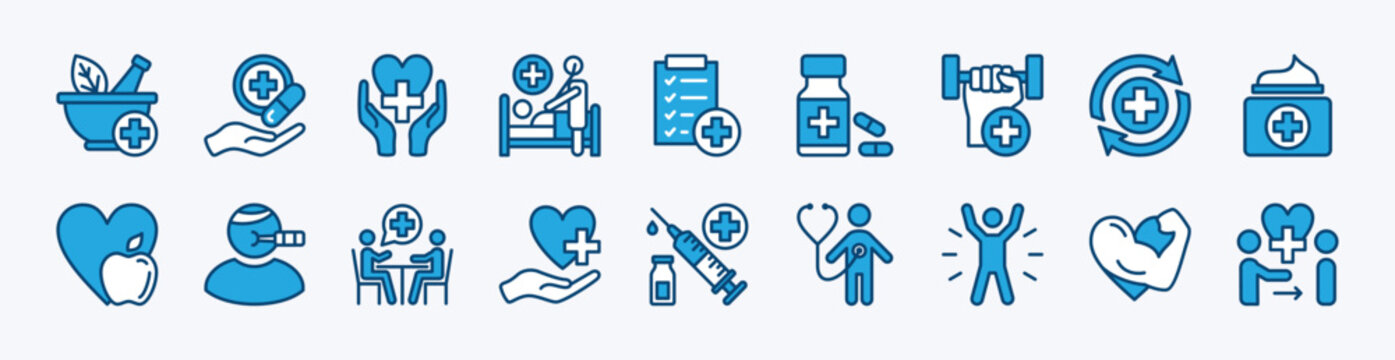 Set of treatment icon. Contains healthcare, herbal concoction, healthy food, herbs, examining report, medicine, sport, consultation, sick, syringe, cream - vector illustration
