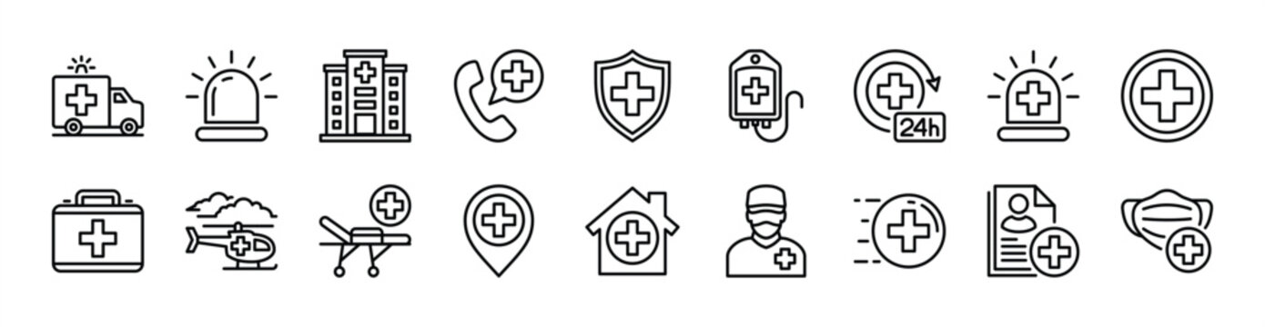 Ambulance thin line icon set. Contains siren, vehicle, hospital, 24 hours emergency call, first aid kit, trolley bed, blood donors, helicopter, map pin location, clinic, mask, safety rescue - vector