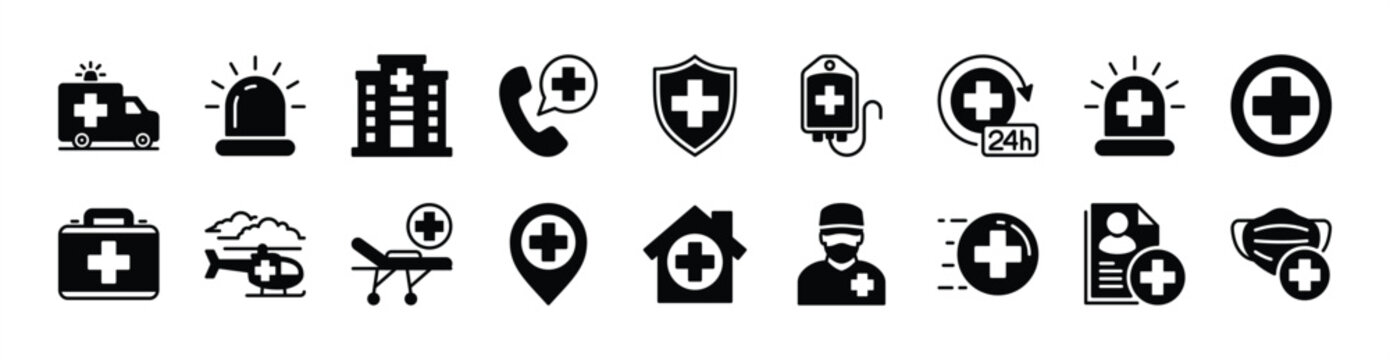 Ambulance icon vector set. Contains vehicle, siren, 24 hours emergency call, hospital, first aid kit, trolley bed, blood donor, helicopter, map pin location, clinic, mask, safety rescue - illustration
