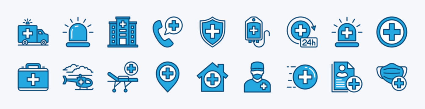 Set of ambulance icon. Contains siren, 24 hours emergency call, hospital, vehicle, trolley bed, first aid kit, helicopter, safety rescue, blood donors, map pin location, clinic, mask - vector