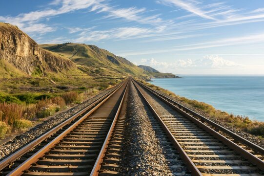 Railway tracks extending along coastal cliffs and ocean