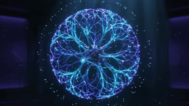 Abstract glowing blue artificial intelligence neural network energy sphere data globe