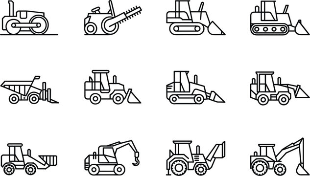 Minimalist black outline heavy construction machinery icons set, isolated industrial building vehicles line art vector illustration elements pack