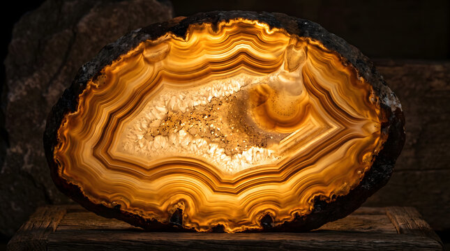 Thin-sliced agate backlit translucent amber banding glow texture