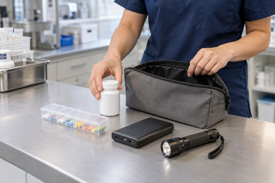 Healthcare worker preparing a medication continuity kit