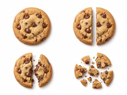 A collection of chocolate chip cookies in various stages of being broken apart on a white background