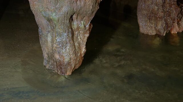 Ancient stalactites hang above shallow underground water, their mineral-rich surfaces reflecting in the rippling pool below. Static wide angle shot captures the cave formations from a fixed position.