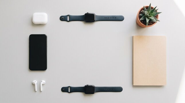 Modern Gadget Arrangement: A clean and organized flat lay of essential modern technology gadgets, including a smartphone, smartwatches, wireless earbuds, and a small potted plant.