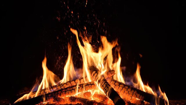 Campfire flames dancing with embers against a dark night sky for warmth and outdoor adventure concepts