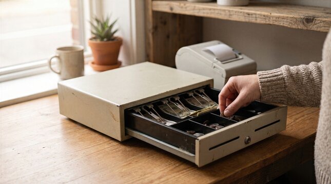 Opening cash register drawer with money