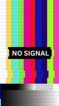 A television static screen displaying a colorful vertical bar test pattern with the words \"NO SIGNAL\" superimposed in a black box