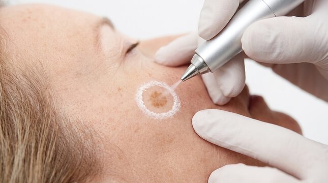 Cryotherapy spray pen treatment on facial brown sun spot of woman
