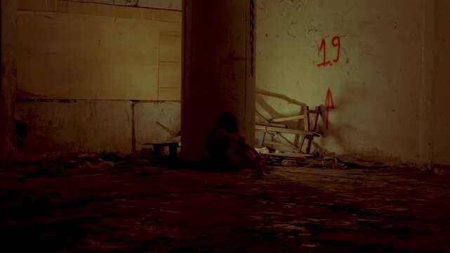 Wide shot of an isolated, abused woman sitting curled up by a concrete pillar in a grim, dilapidated room marked with red graffiti. Conveys a strong sense of despair and trafficking.