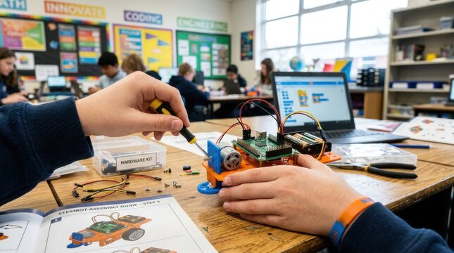 Students building robotics and coding projects in a bright classroom