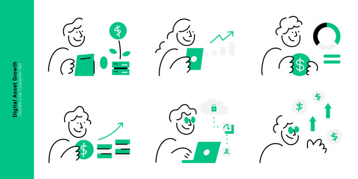 Digital asset growth and investment concepts. Doodle line characters managing dollar money, server plant growth, security cloud computing, and profit chart.