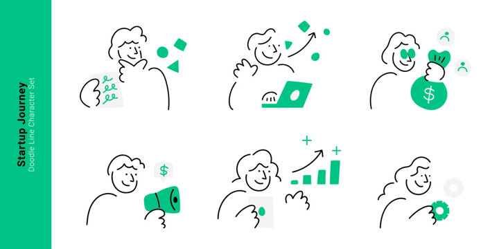 Startup business journey concepts. Doodle line characters planning idea, coding product, securing money investment, marketing with megaphone, and tracking growth chart.